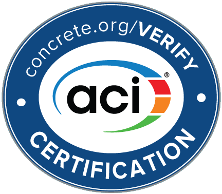 A circular logo for ACI Concrete Certification featuring a blue outer ring with white text, and a central design with the words 'aci' and a multicolored arc.