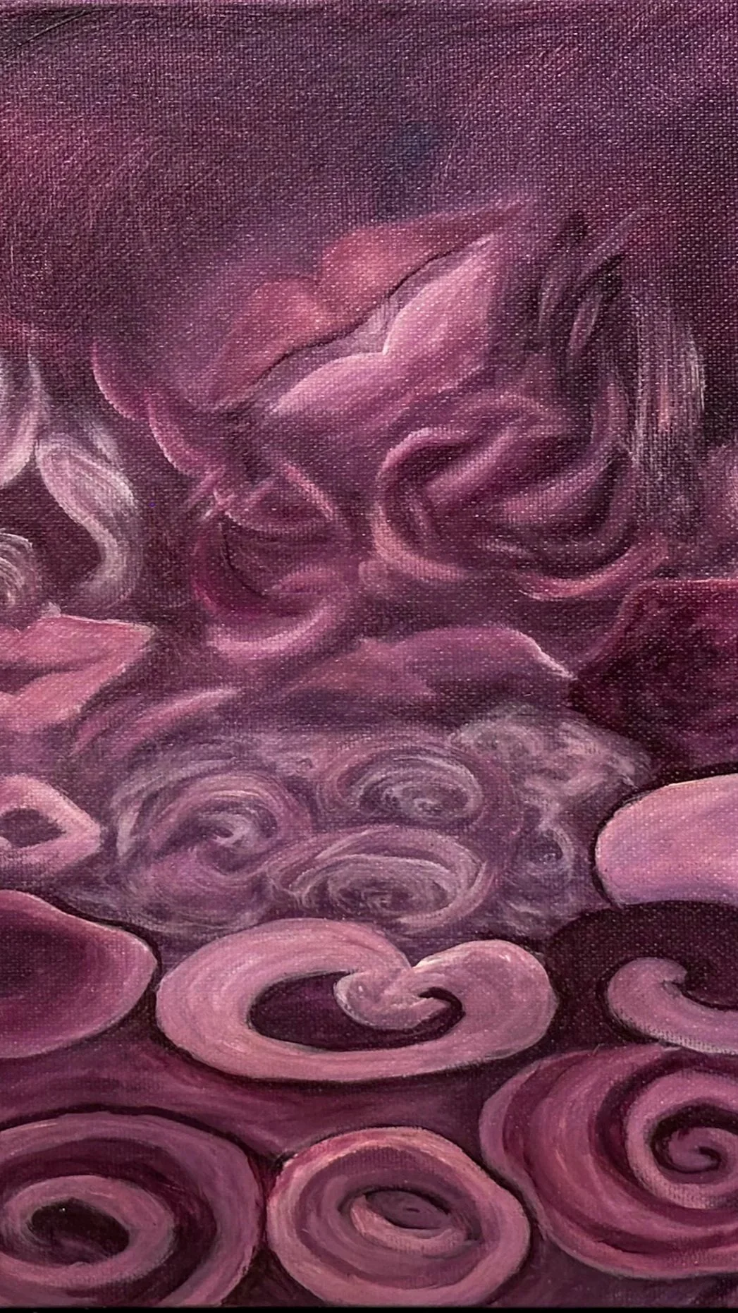 Abstract painting with pink and purple circles and swirls.