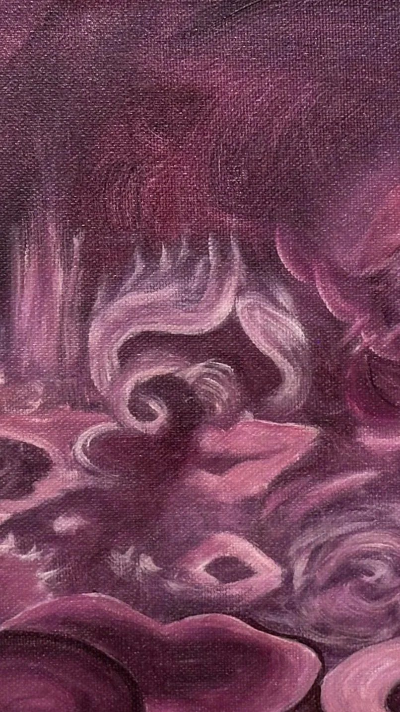 Close-up of a textured painting with swirling abstract shapes in shades of pink and purple.