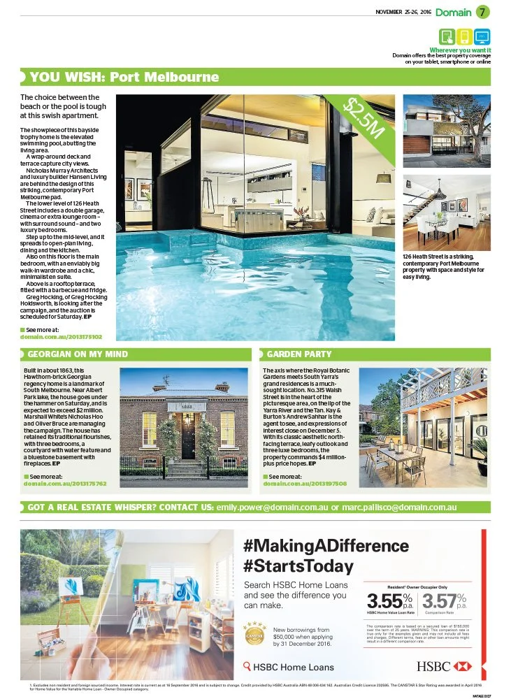 Page from a property listing magazine showcasing homes in Port Melbourne, Georgia, and a real estate ad for HSBC home loans.