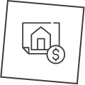 Icon of a house with a dollar sign, inside a square outline.