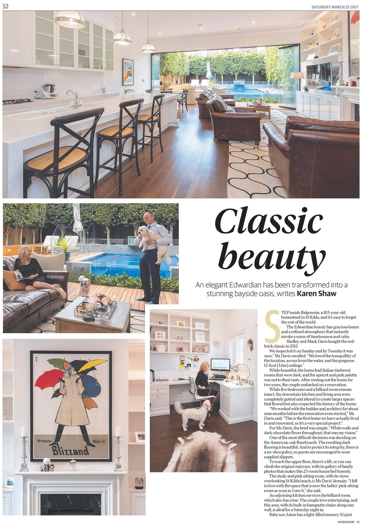 Open-concept living space showing a kitchen with white cabinets, a breakfast bar with four chairs, and large glass doors leading to an outdoor pool area. There are multiple photos of a woman and a man with two dogs relaxing outdoors, and a woman working at a desk indoors.