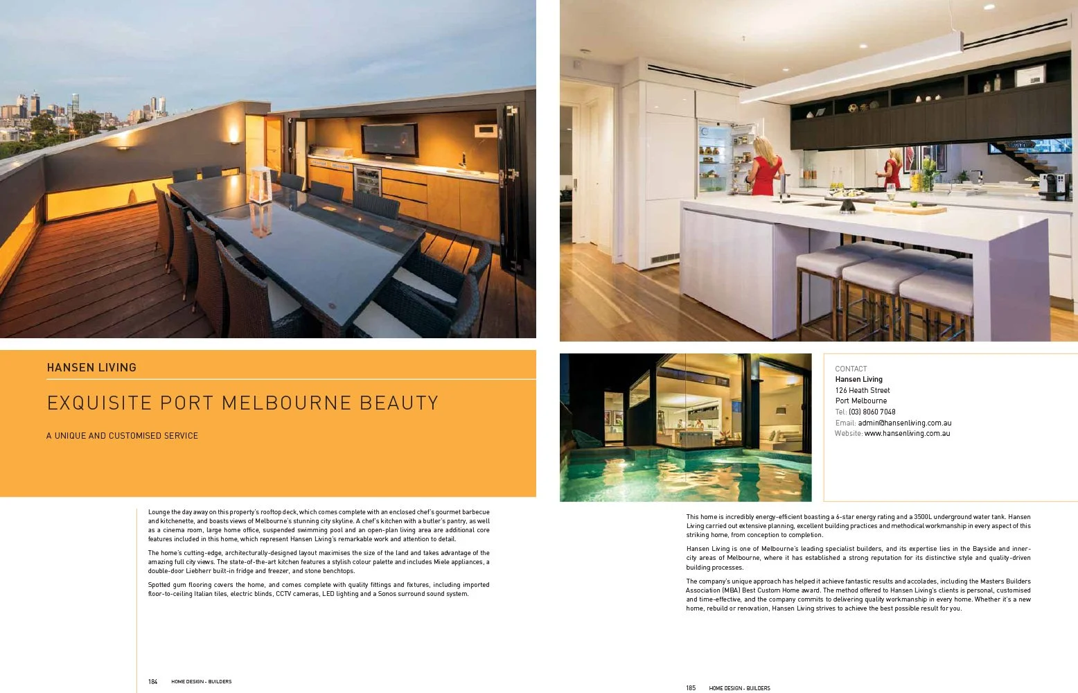A collage of four images showing modern interior and exterior spaces: a rooftop deck with a dining table and city skyline, a bright kitchen with white cabinets, a living room with a pool, and a contact information box for Hansen Living.