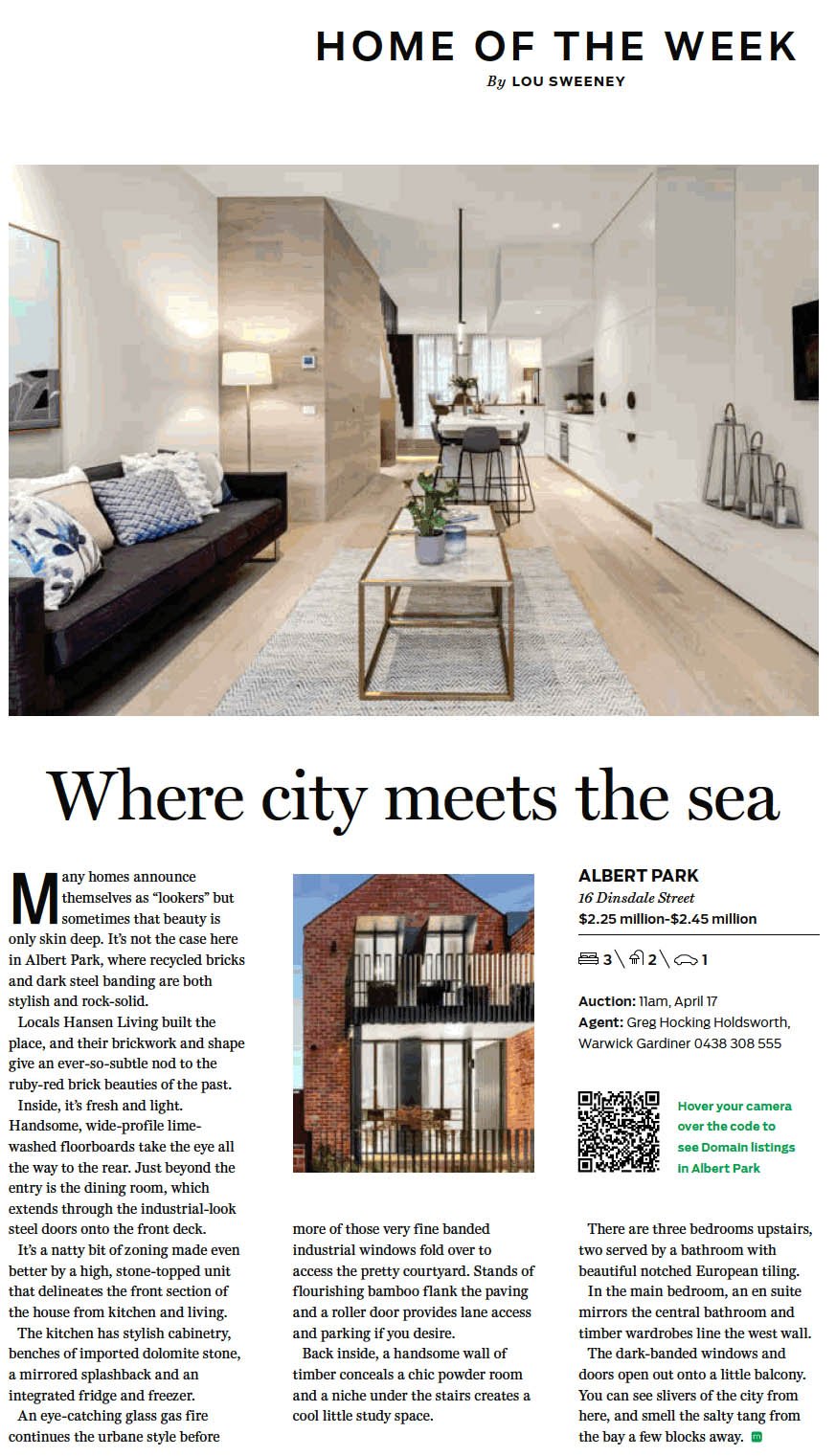 Hansen Living's feature of Dinsdale Street on Home of the Week, Domain magazine.