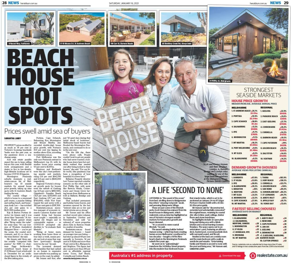 A family of three, including a young girl, sitting by a swimming pool, holding a sign that says 'BEACH HOUSE'. There are photos of various modern beach houses at the top of the page, and an outdoor fire pit with a wooden house nearby. A letterbox and garden are visible in the background.