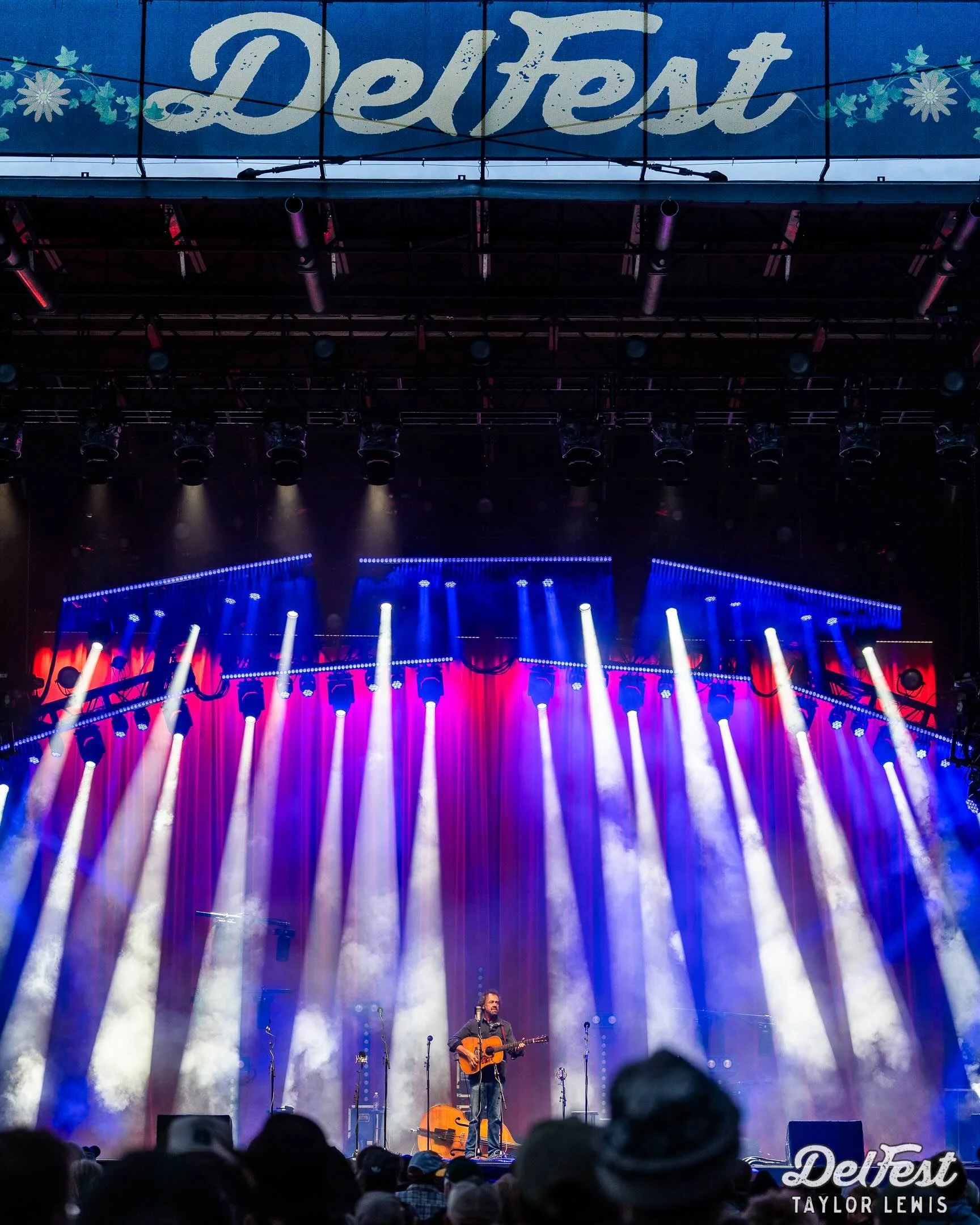 Concert stage with colorful lights and a singer playing guitar, with audience members in the foreground. The word 'DelFest' is displayed at the top and bottom of the image, indicating the festival name and performer Taylor Lewis.