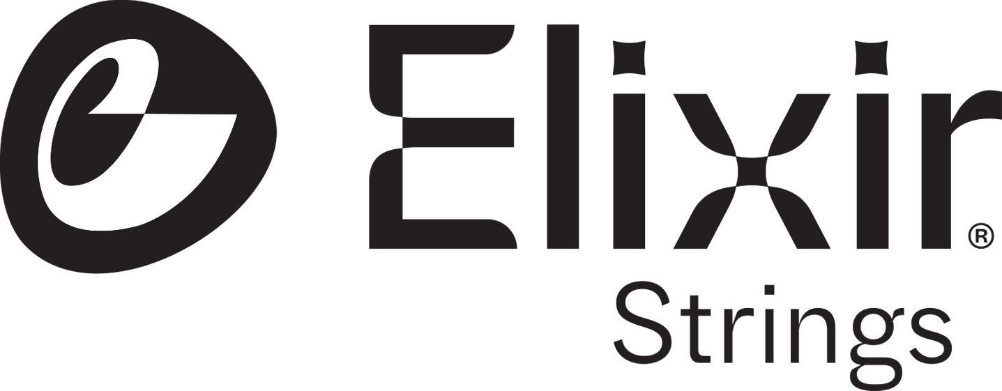 Elixir Strings logo featuring a stylized black and white 'e' inside a circle, accompanied by the words 'Elixir Strings' in a modern font.