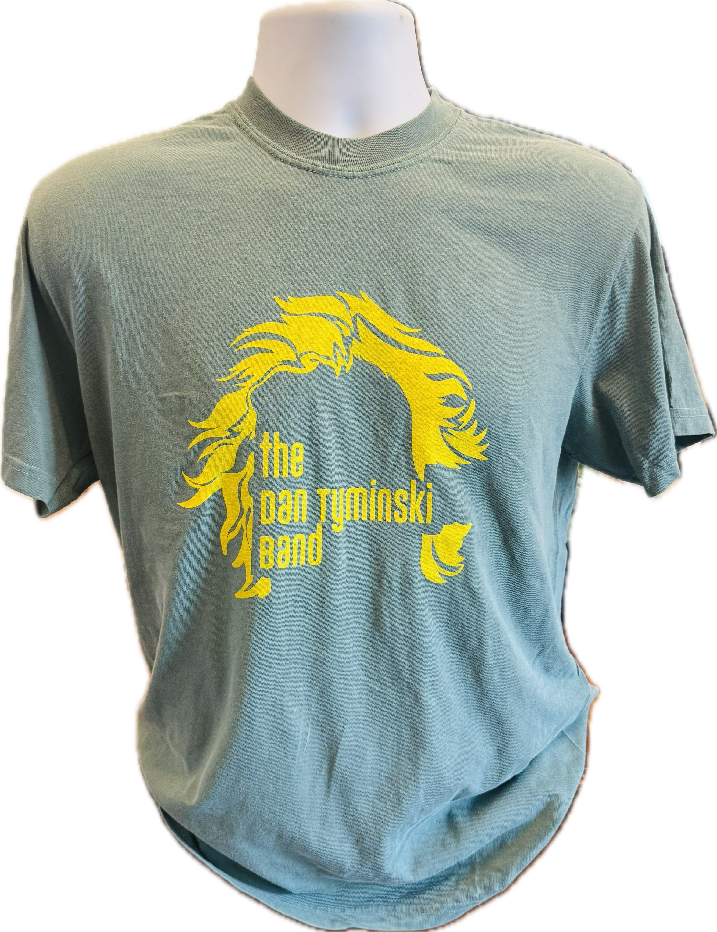 Gray T-shirt with yellow graphic of a lion's mane and face outline, and text that reads 'the Dan Tymiski Band'.