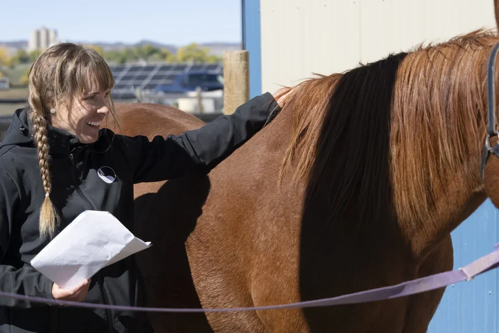 Young woman with braided hair smiling and holding papers, petting a brown horse with a blue wall in the background.