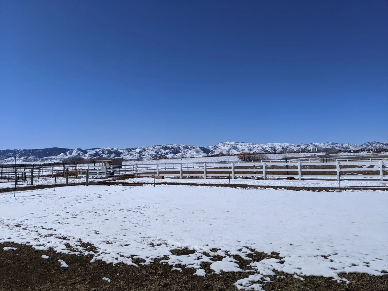 Snow-covered farm fields with a white fence, mountains in the distance, and a clear blue sky.