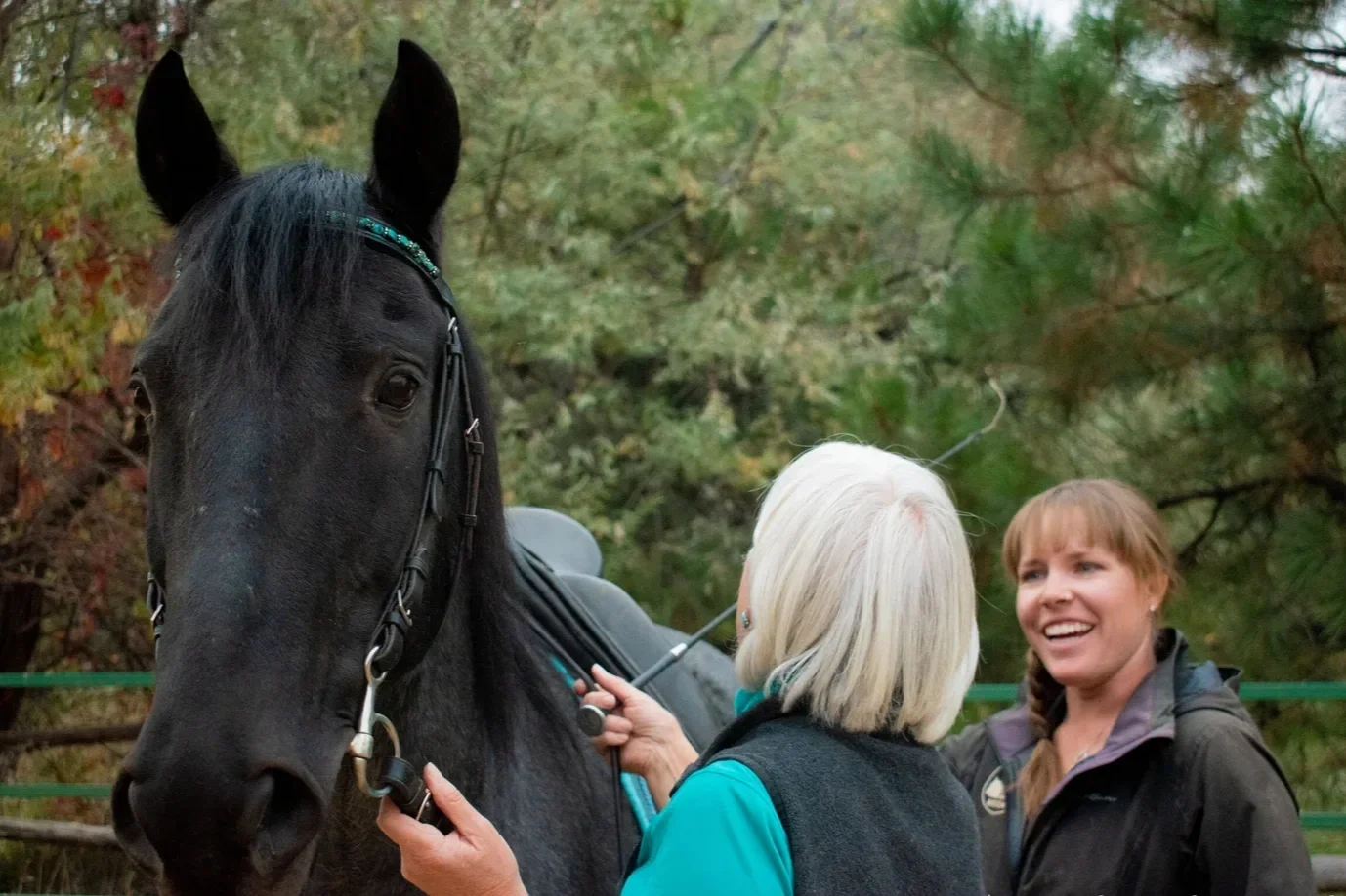 Two women and a black horse outdoors with trees in the background.