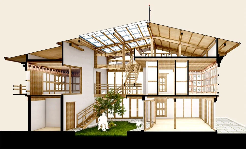 Cross-section of a modern, multi-story house with wooden and glass elements, interior details, and an outdoor garden area.
