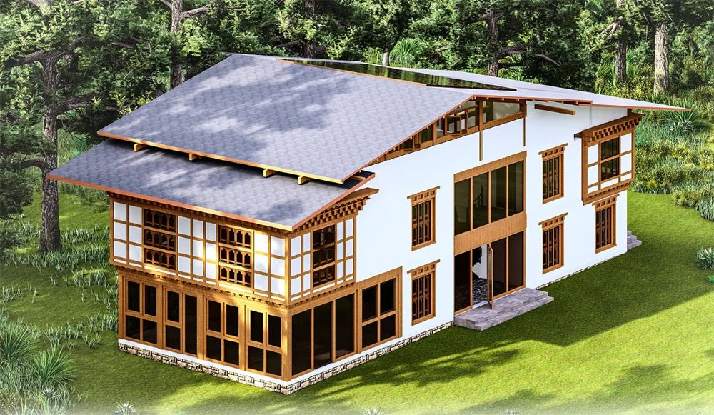 A two-story house with traditional wooden window frames and a sloped roof, set in a green, wooded area.