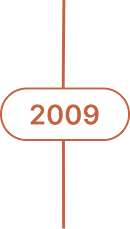 A vertical timeline with a black background and a brown vertical line running from top to bottom. Towards the middle, an oval shape contains the year "2009" in bold, brown text.