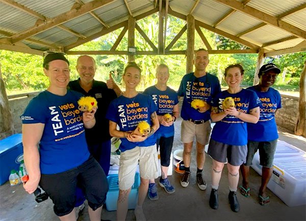 Group of seven people standing under a wooden shelter, holding yellow fluffy chickens, dressed in matching blue shirts with white text that reads 'Vets Beyond Borders'.