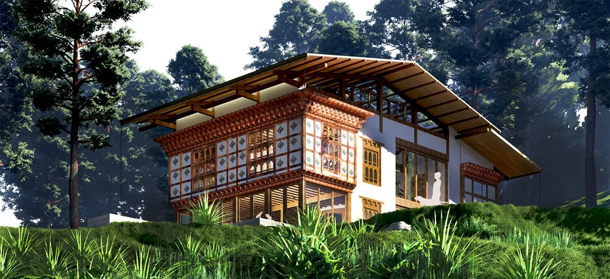 A house with traditional architectural design, featuring decorative wooden elements and a slanted roof, set on a lush green hillside with tall trees in the background.