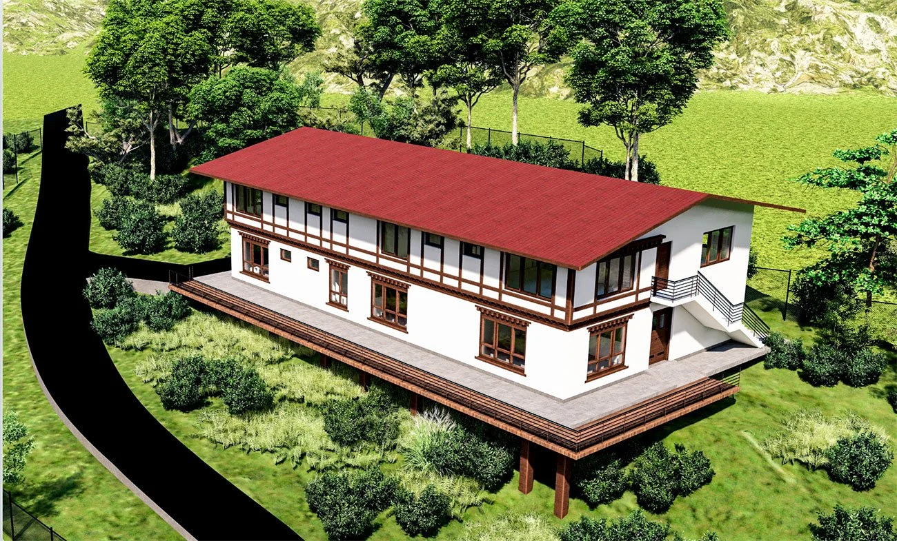 3D model of a two-story house with a red roof, white walls with brown trim, large windows, and a surrounding deck, set in a green landscape with trees and grass.