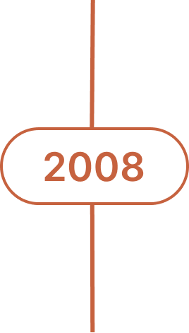 A timeline marker showing the year 2008 with a vertical line extending above and below it, on a black background.