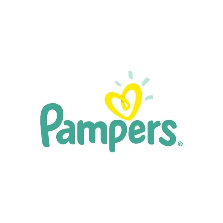 Pampers logo with a yellow heart and light teal accents on a white background.