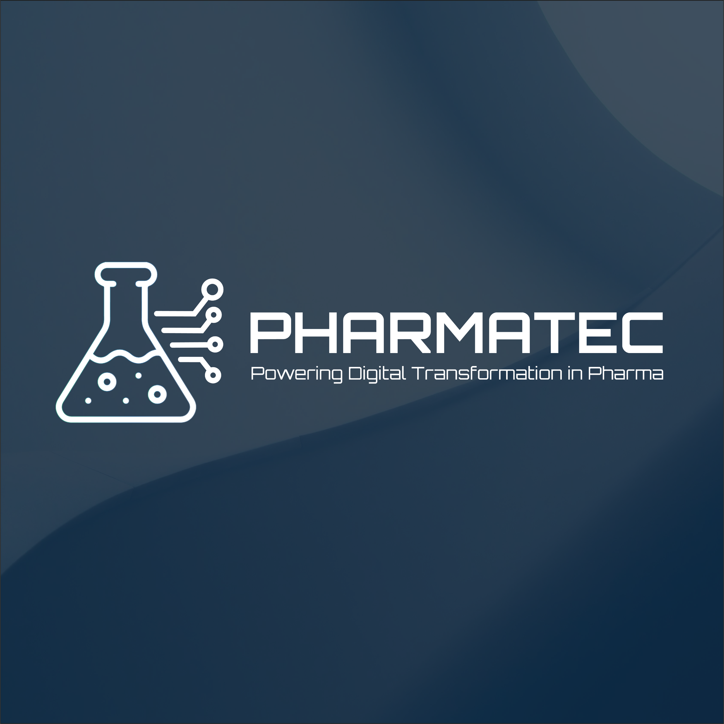Logo for PHARMATEC with an icon of a laboratory flask and digital connections, tagline "Powering Digital Transformation in Pharma" on a dark blue background.