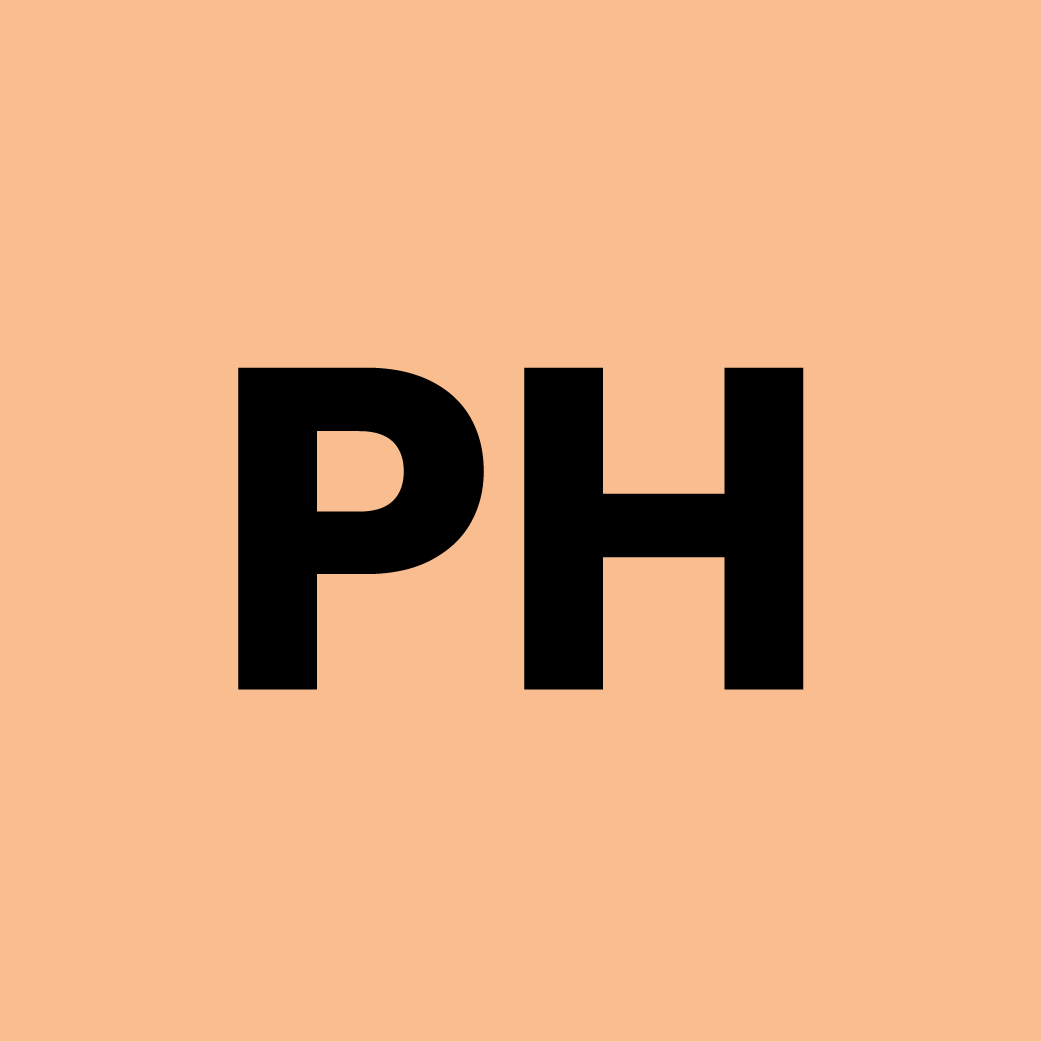 The letters 'PH' in bold black text on a peach-colored background.