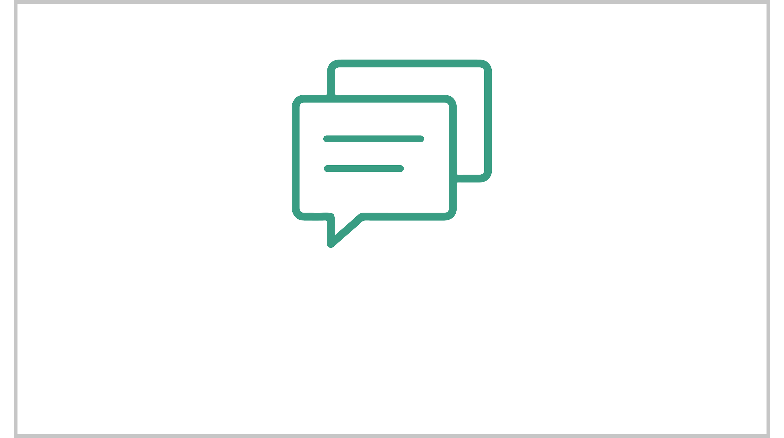 Icon of two overlapping chat bubbles, one with lines representing text, on a black background.