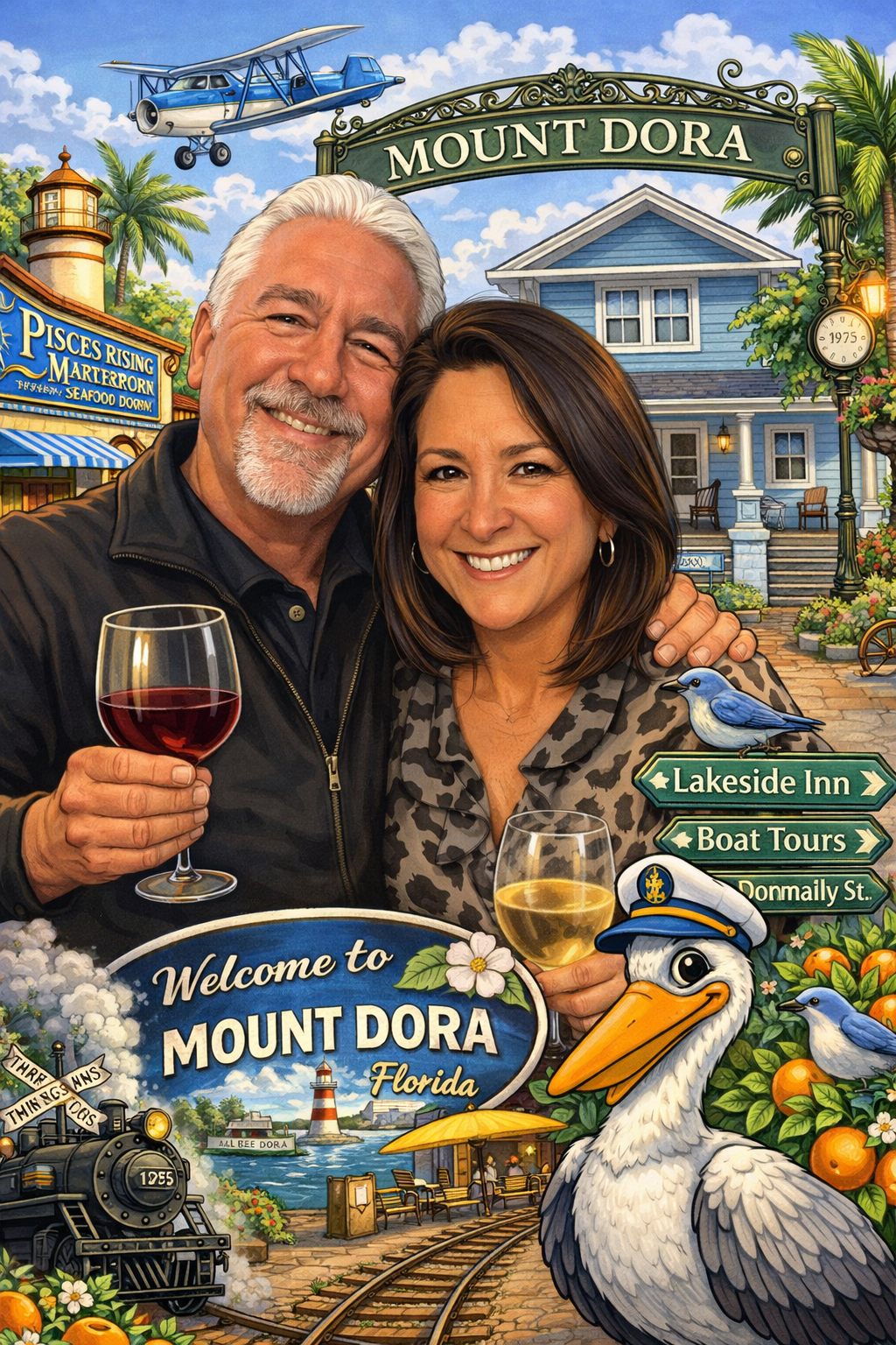 A colorful mural showing a happy couple holding wine glasses in Mount Dora, Florida. The background features a blue house, palm trees, a sign for Mount Dora, and a small airplane flying above. There are also signs pointing to the Lakeside Inn, boat tours, and Donnelly Street, along with a smiling pelican wearing a captain's hat, and various scenic details like a train, lighthouse, and orange trees.