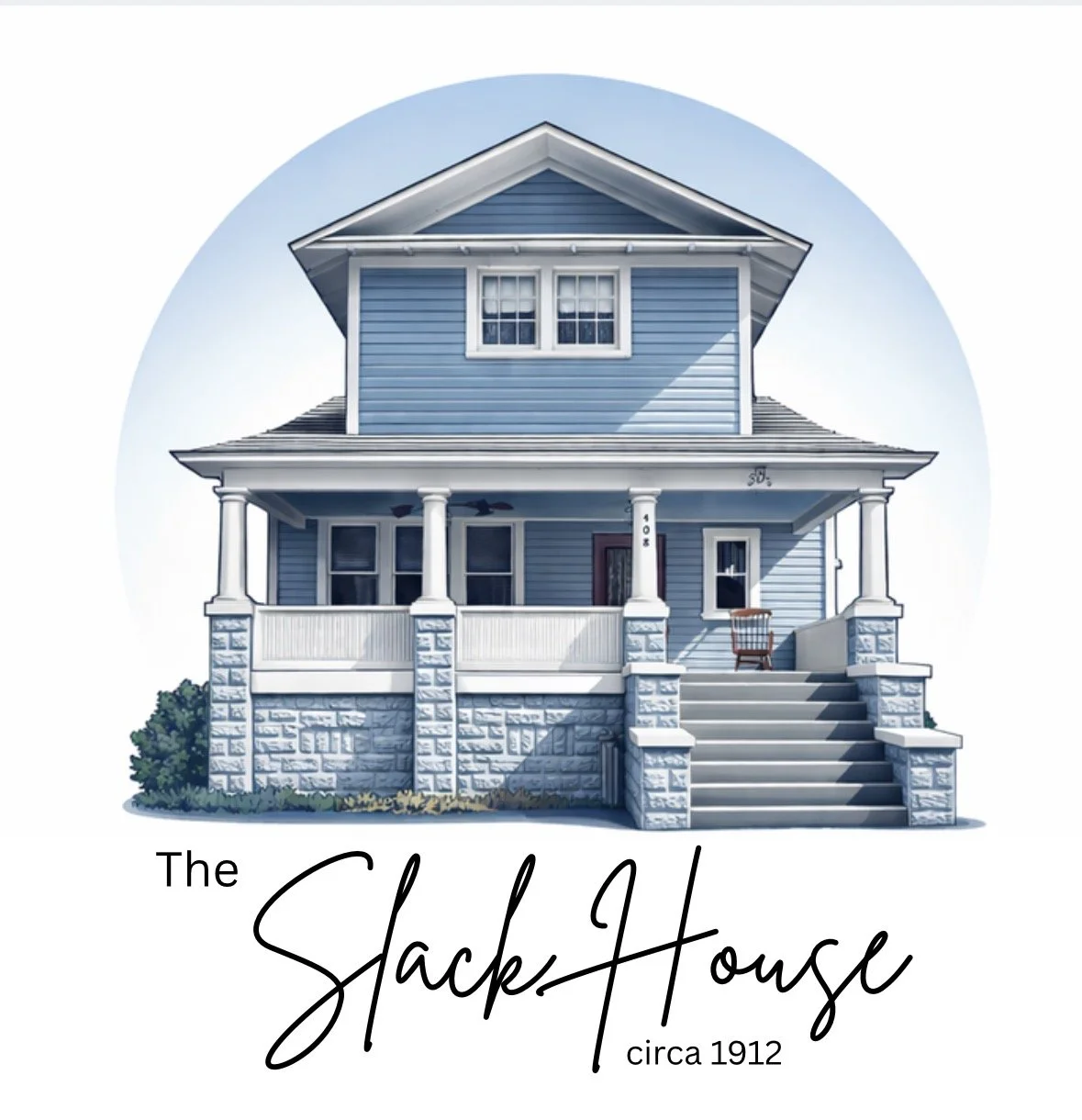 Illustration of a two-story blue house with a front porch, stairs, and white columns, labeled as 'The Slack House circa 1912'.
