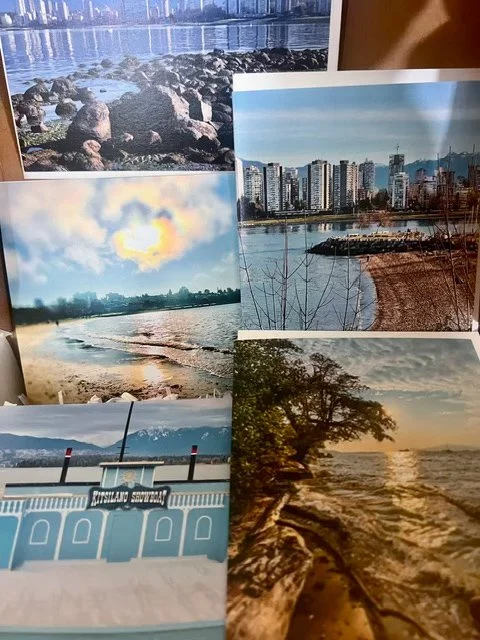 Collection of five landscape photographs, including a rocky shoreline, city skyline with high-rise buildings, beach with cloudy sky, seaside with trees and sunset, and a pier with a lighthouse.