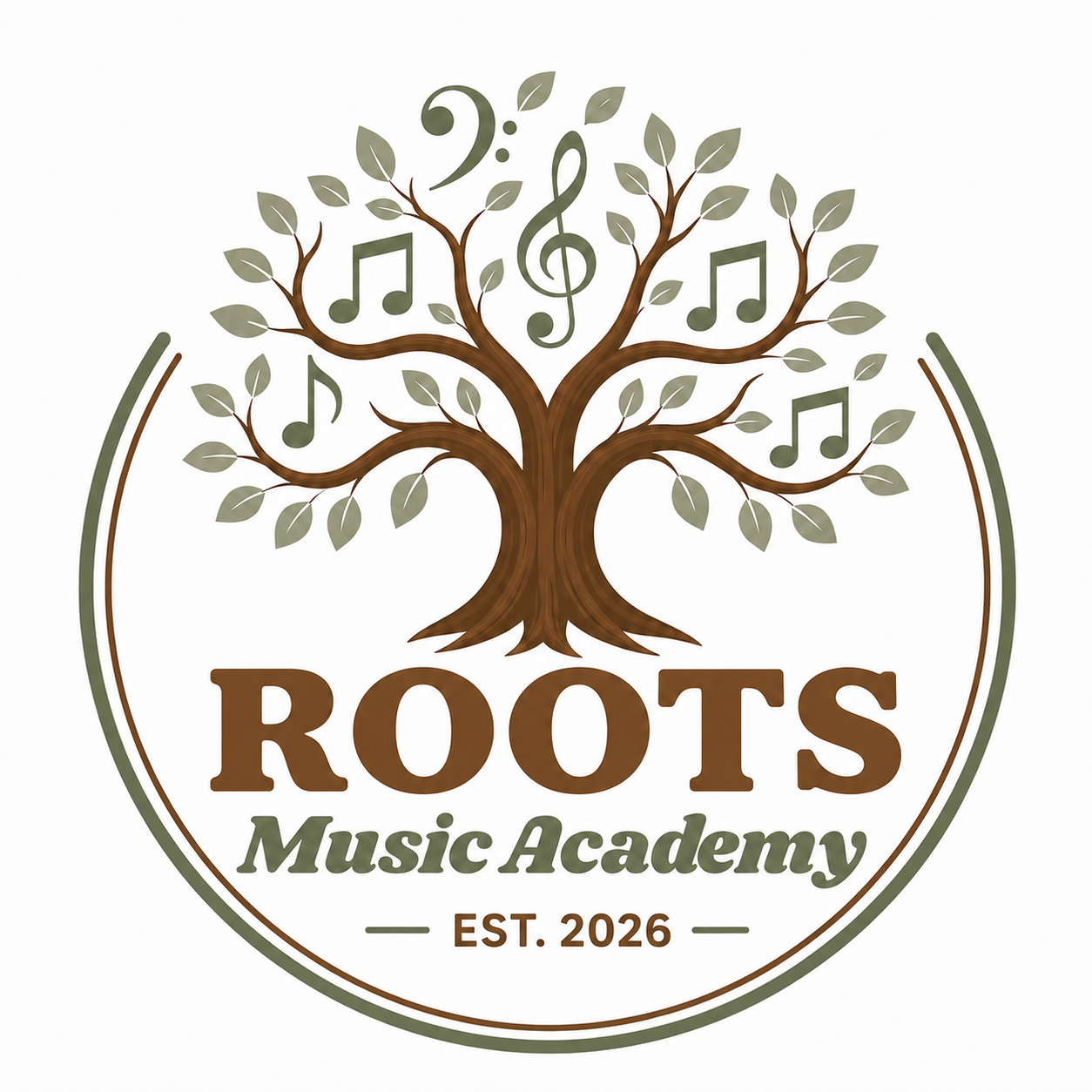 Logo for Roots Music Academy featuring a tree with musical notes in its branches, the word 'ROOTS' in large brown letters, and the text 'Music Academy' and 'Est. 2026' beneath.