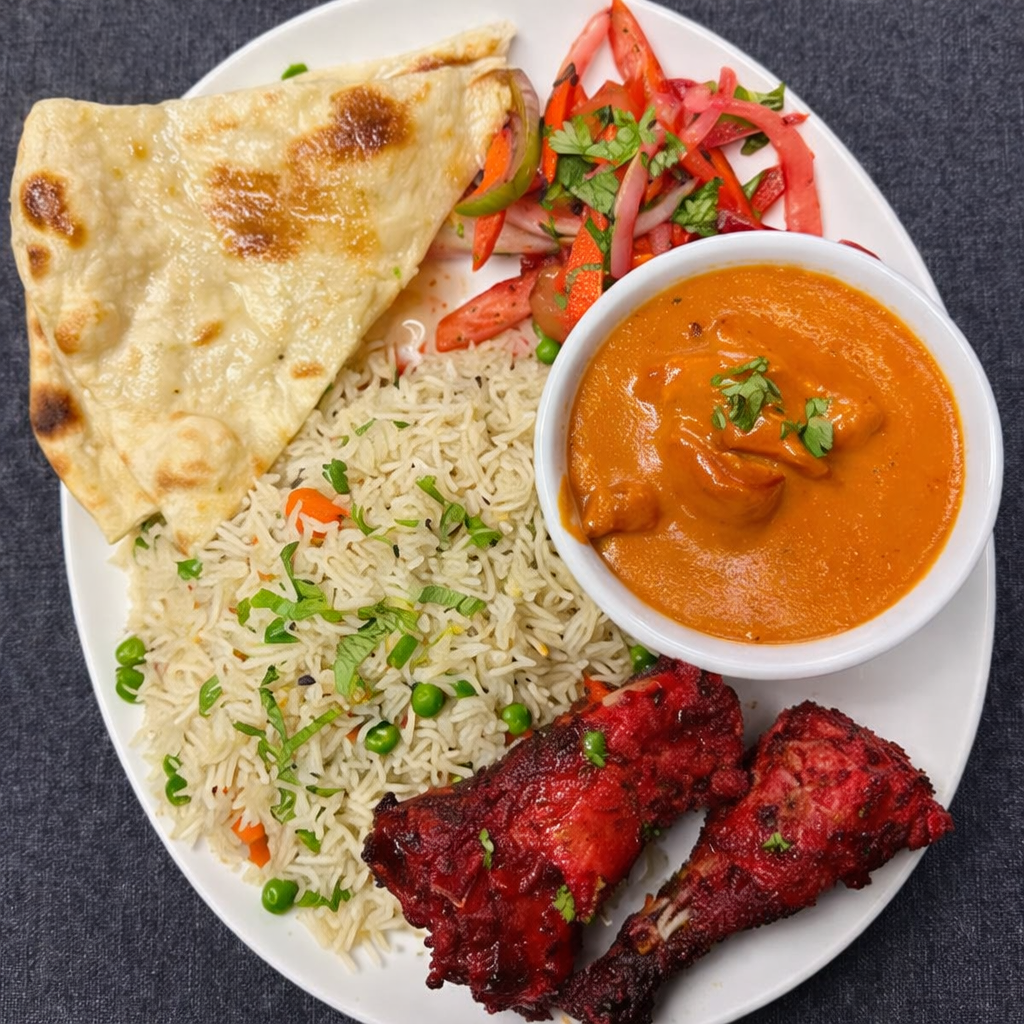 Plate of Indian food with a slice of cheese naan, rice with peas and carrots, a bowl of orange curry garnished with cilantro, and two spicy grilled chicken drumsticks.