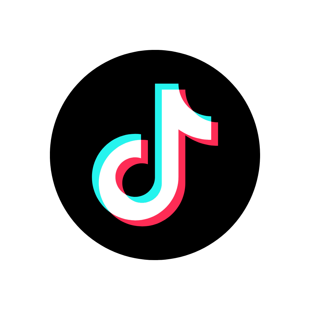Logotipo de TikTok en colores blanco, azul y rosa sobre fondo negro.