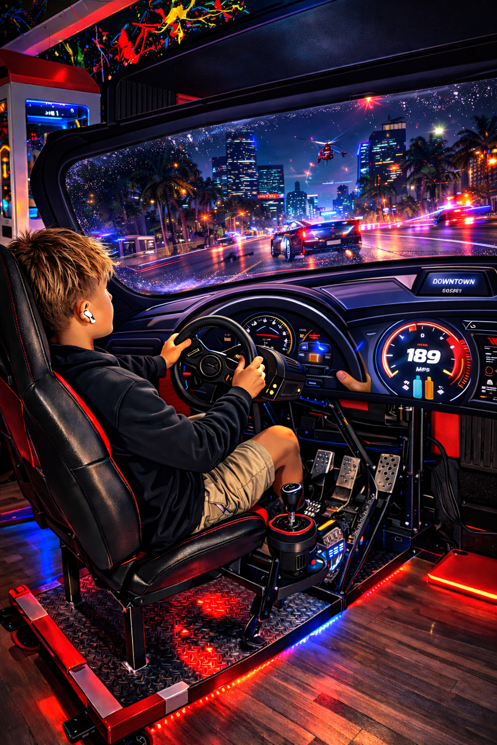 A young boy with earbuds playing a racing video game in a driving simulator. Outside the simulator window, a cityscape with tall buildings, palm trees, and flying helicopters is visible at night, with rain on the window and colorful city lights.
