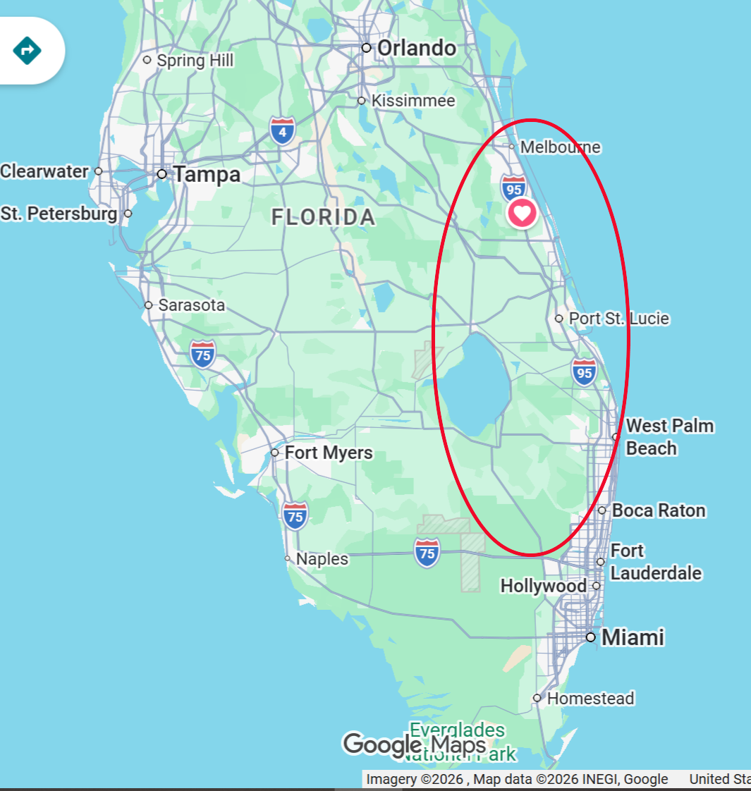Shoreline Mobile RV Repair service area map — mobile RV repair, maintenance, and inspection serving Indian River County, St. Lucie County, Port St. Lucie, Fort Pierce, Vero Beach, Melbourne, Okeechobee, West Palm Beach, and Palm Beach, Florida.