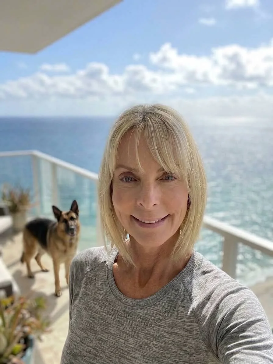 Cat Fages owner of Cat Walks Dog with a German Shepard dog.