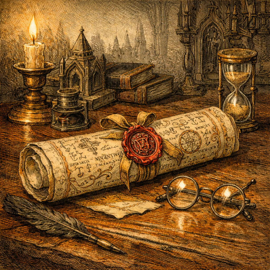 An old parchment scroll with wax seal, surrounded by antique tools including a quill, eyeglasses, clock, books, and candle on a wooden table, with a detailed background of gothic architecture.