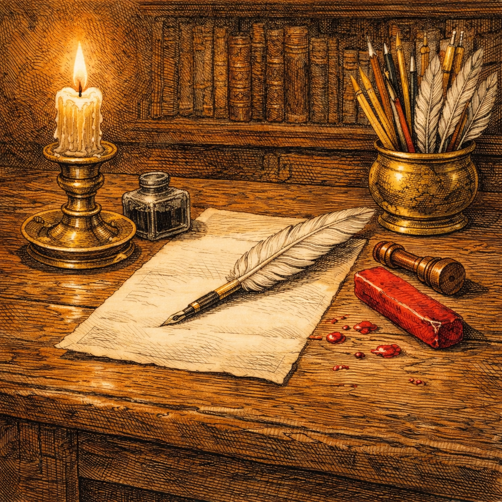 Vintage wooden desk with candle, ink bottle, feather quill, letter, ink blot, and container of writing pens and feathers.