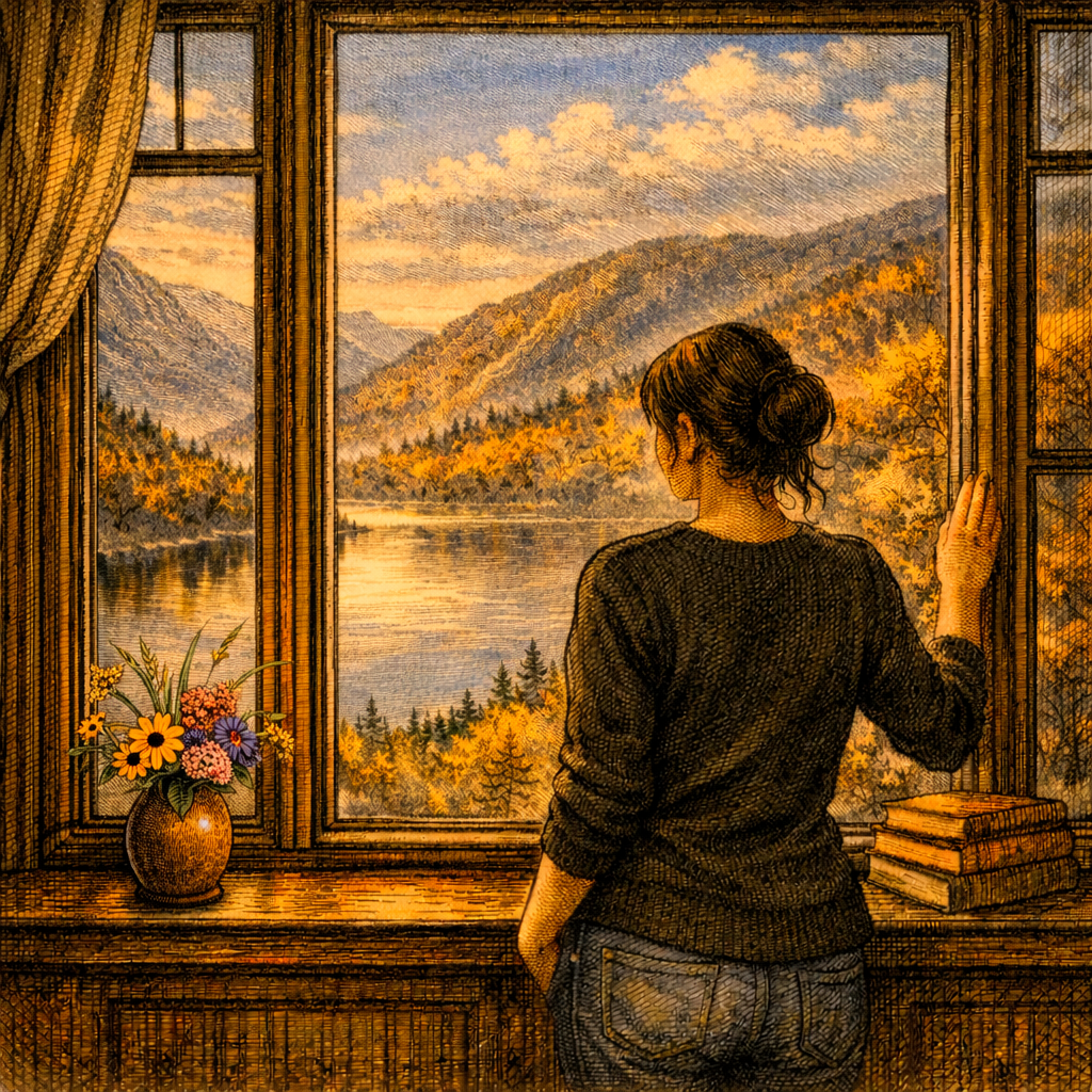 A woman stands by a window, looking at a scenic view of mountains, trees, and a river during autumn, with a vase of flowers and a stack of books on the windowsill.