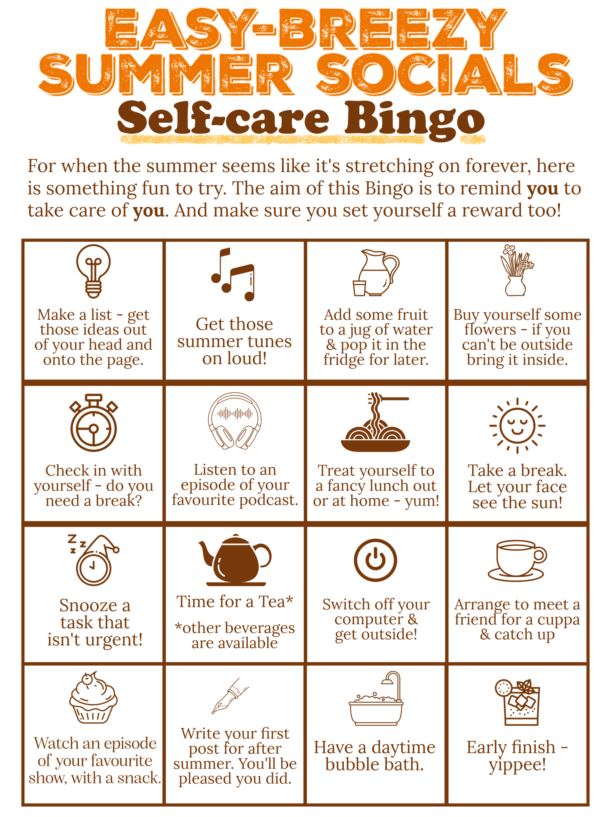Easy-Breezy Summer Socials Self-Care Bingo