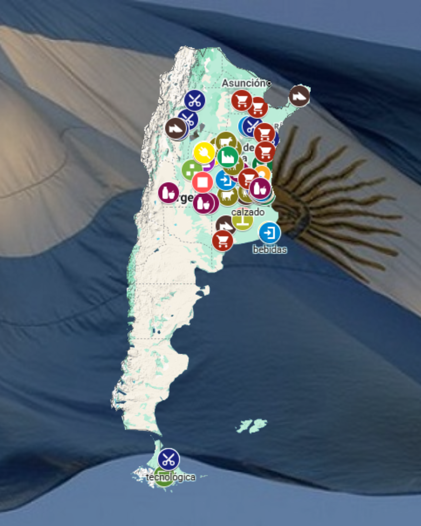 Mapa de Argentina con íconos representando compras, supermercados, transporte, alimentos, y tecnología, con la bandera argentina de fondo.