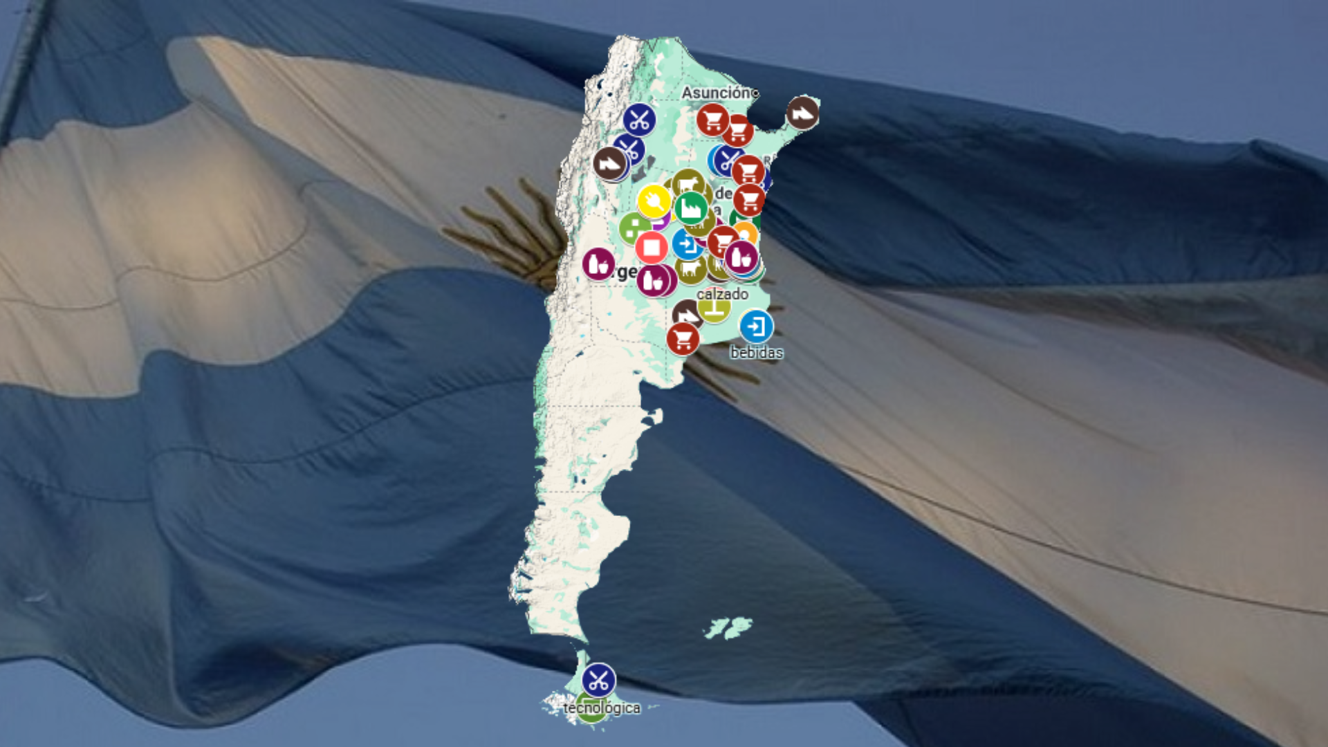 Mapa de Argentina con iconos que representan diferentes puntos y lugares, en donde ha habido casos de despido laboral, sobre una bandera argentina de fondo.