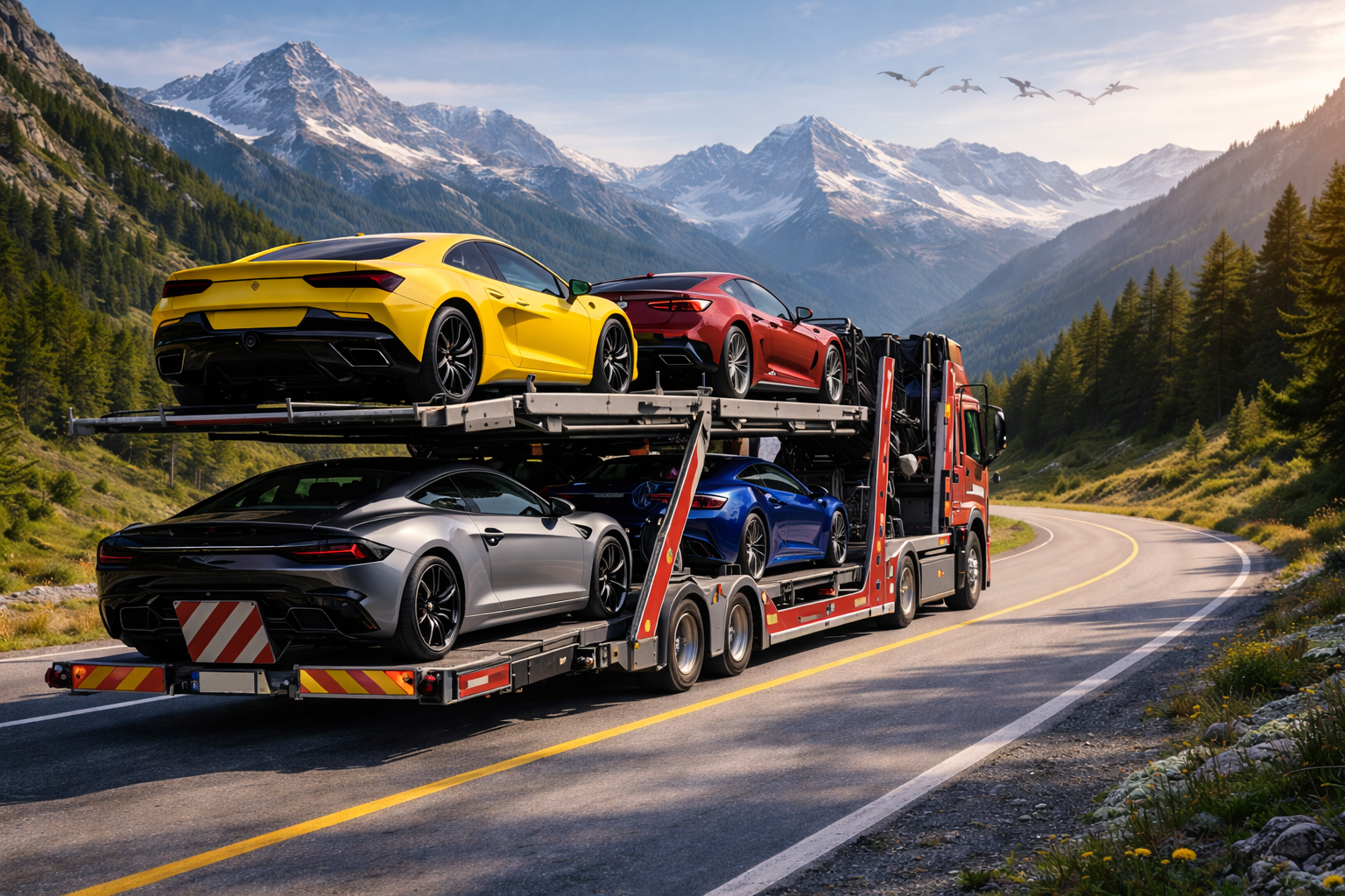 A car carrier truck transporting four sports cars in a mountainous landscape with snow-capped peaks, green forests, and a winding road.