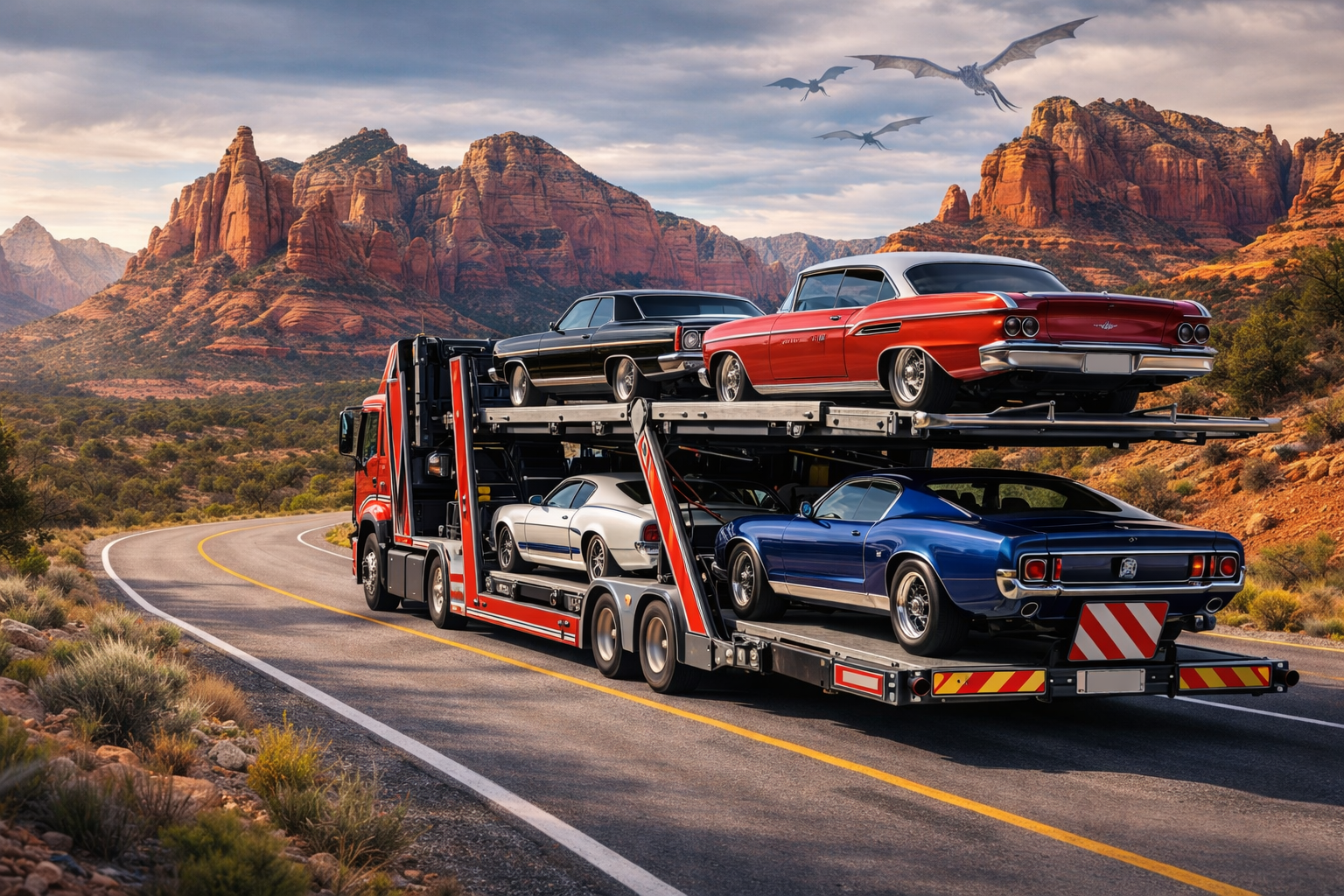 A car carrier truck transporting multiple classic cars on a winding desert road with red rock formations and mountains in the background, under a sky with flying dinosaurs.
