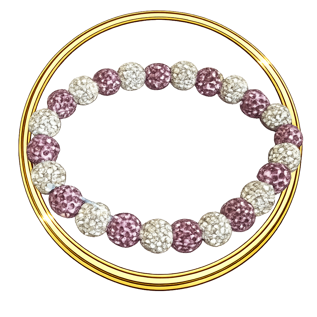 A circular bracelet made of alternating purple and white beads, each encrusted with small sparkling stones, resting on a gold ring surface.