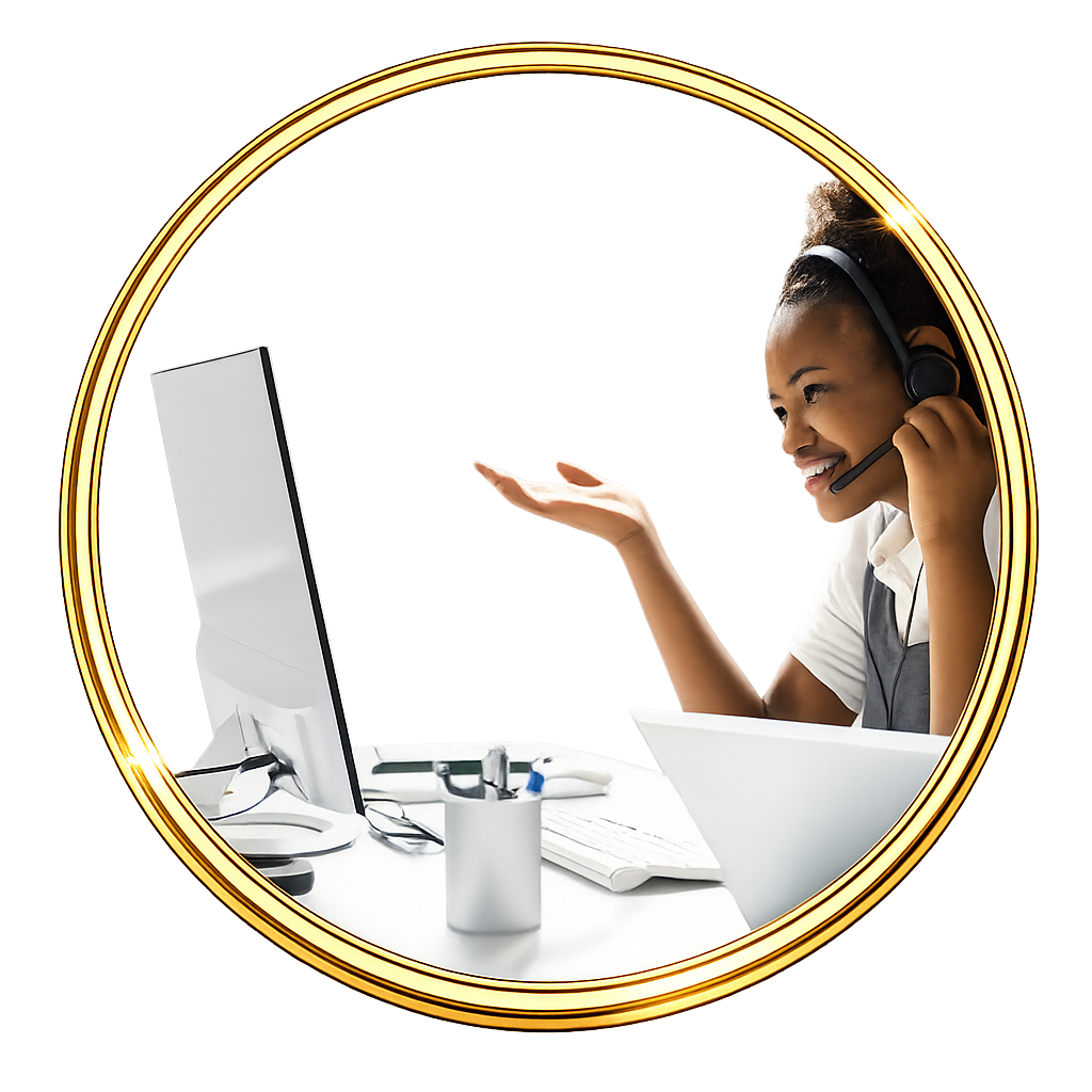 A woman with curly hair, wearing a headset, smiling and gesturing towards a computer monitor at her desk, which has a white cup, keyboard, and notebook, in an office setting with a warm beige background.