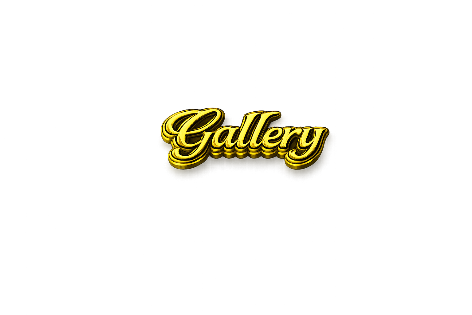 A neon-style gold sign spelling 'Gallery' against a dark background with subtle lights and reflections.