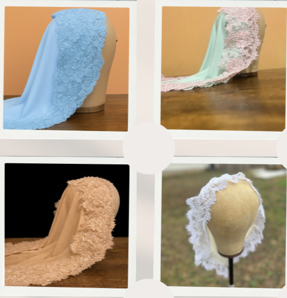Four different lace mantillas displayed on mannequin heads and stands, in various colors including blue, pink, beige, and white, each with intricate lace patterns.