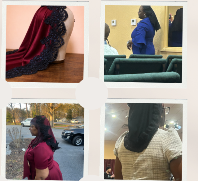 Collage of four women: top left features a woman in a red dress with black lace details; top right shows a woman in a blue blazer and glasses, talking in a room with green chairs; bottom left depicts a woman outdoors in a red dress with black lace, w