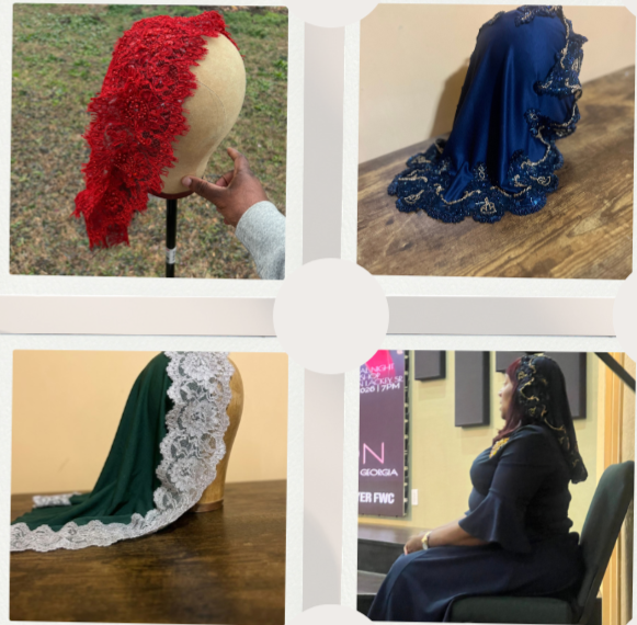 Four images of different lacy fabric displays and a woman wearing a lace headpiece sitting in a room.