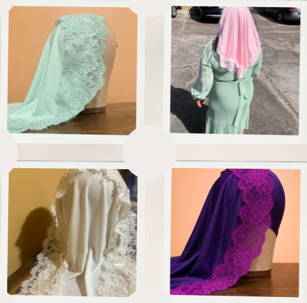 Four images of lace and satin fabric, each with different colors, displayed on mannequin or draped over a surface.